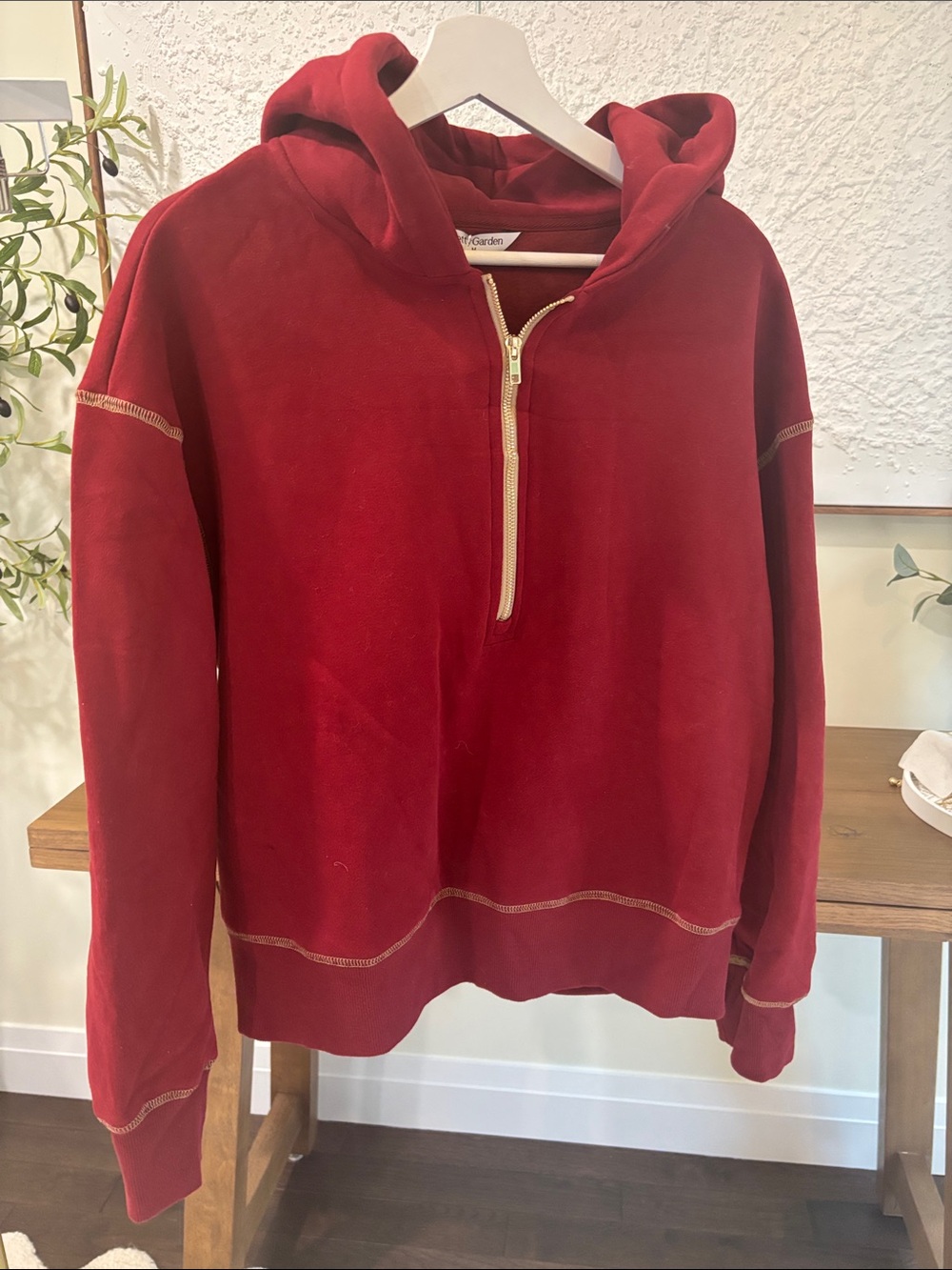 Red Half-Zip Hoodie Sweater with Gold Zipper